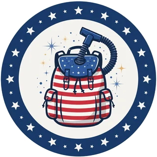 Rucksack to Vacuum Pack badge: a stars-and-stripes rucksack with a vacuum hose, inside a ring of stars.